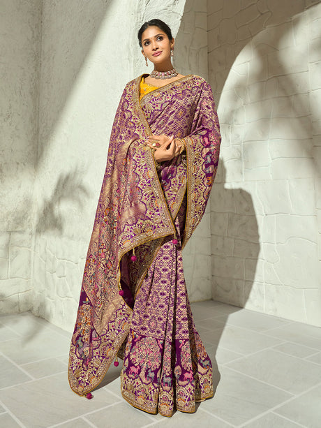 Purple floral shikargah designer women bandhej saree