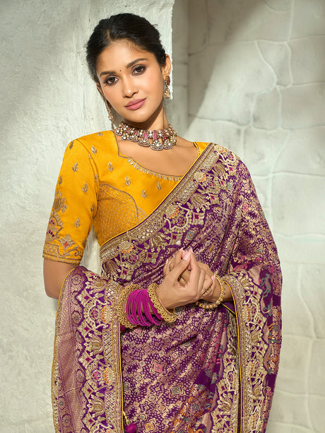 Purple floral shikargah designer women bandhej saree