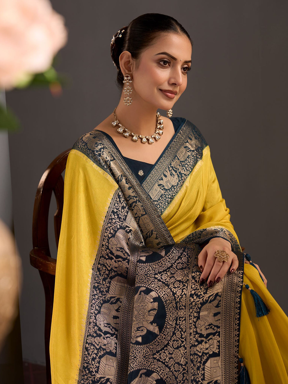 Yellow paisley zari women festive saree