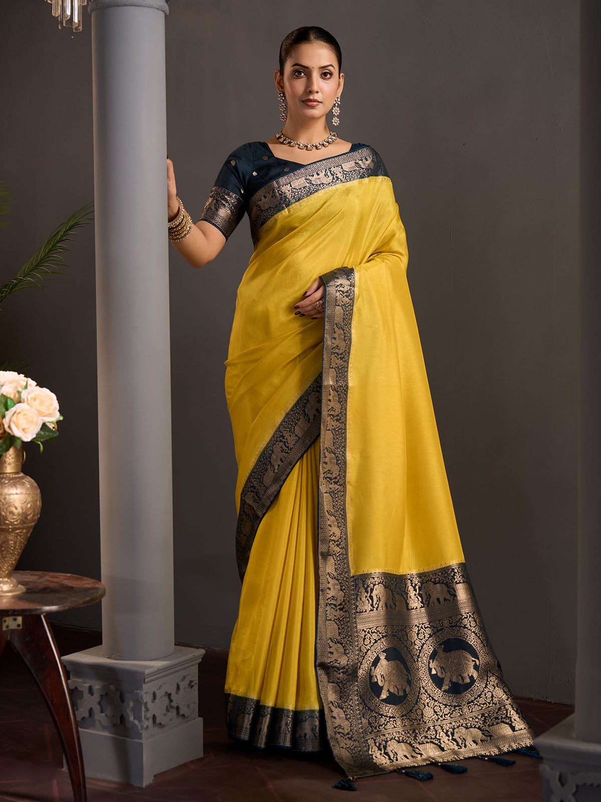 Yellow paisley zari women festive saree