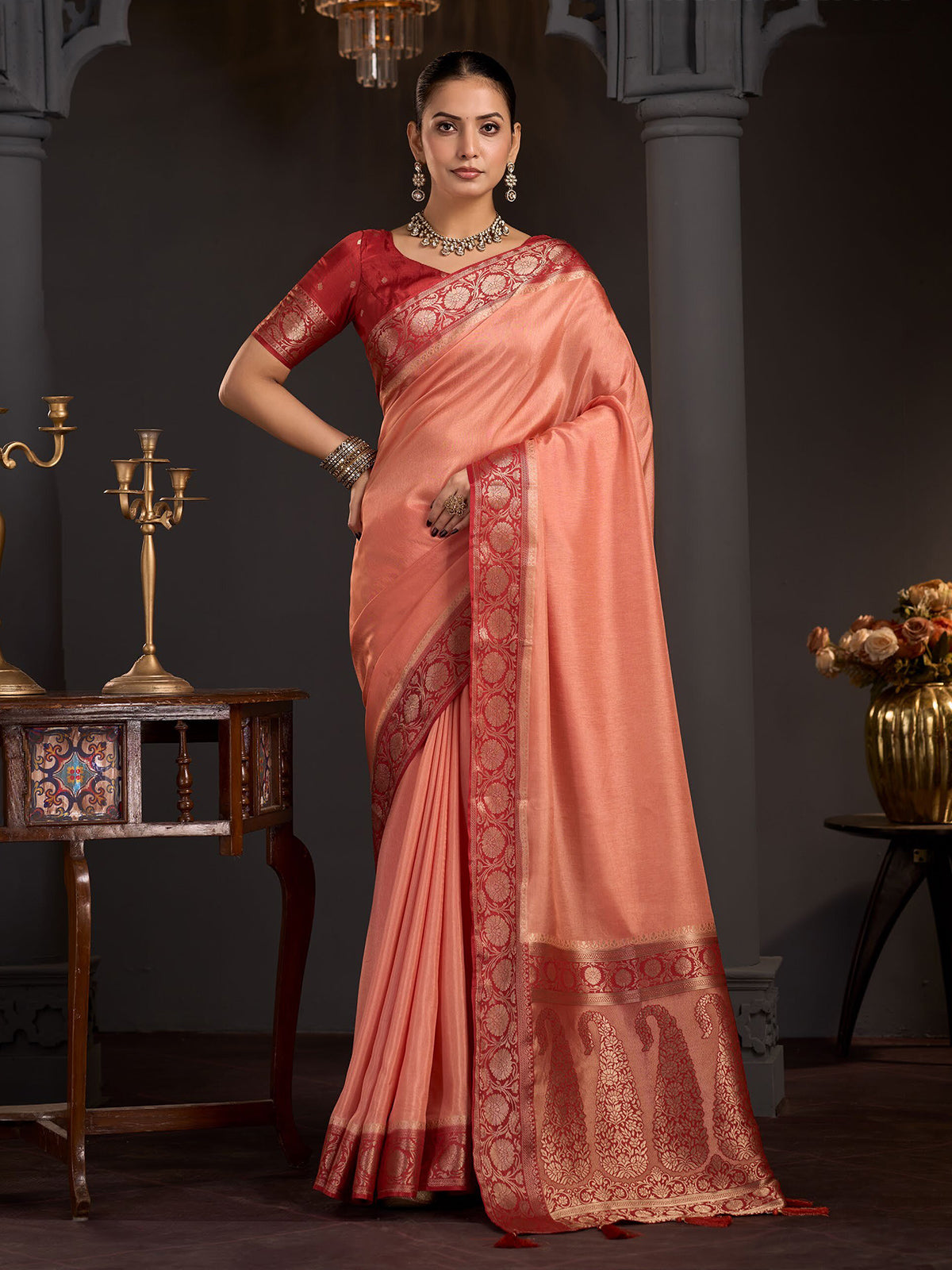 Peach floral vine border designer women saree