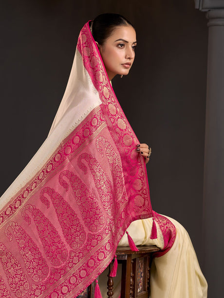 Cream peony paisley zari work women saree