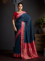 Deep peacock blue floral zari women saree