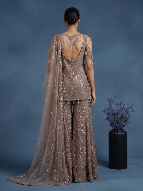 Beige crystal fringe designer women sharara suit