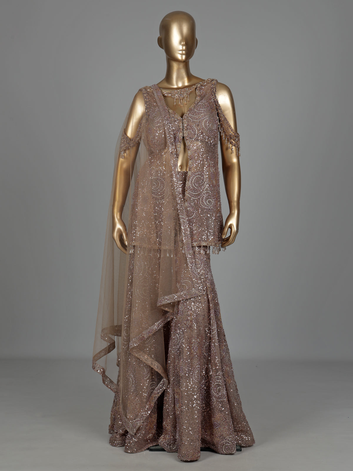 Beige crystal fringe designer women sharara suit
