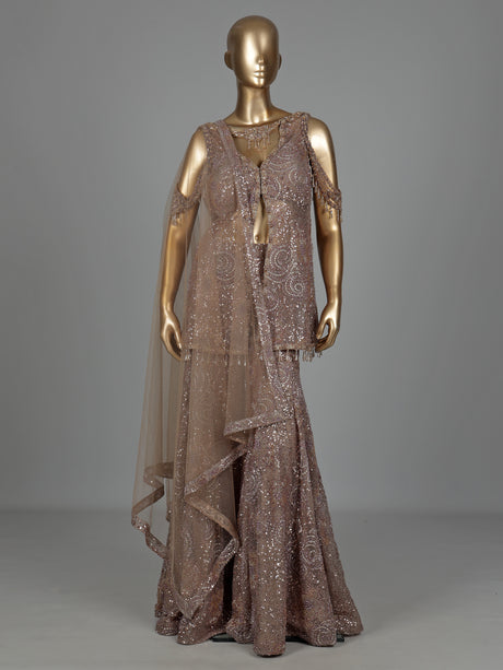 Beige crystal fringe designer women sharara suit