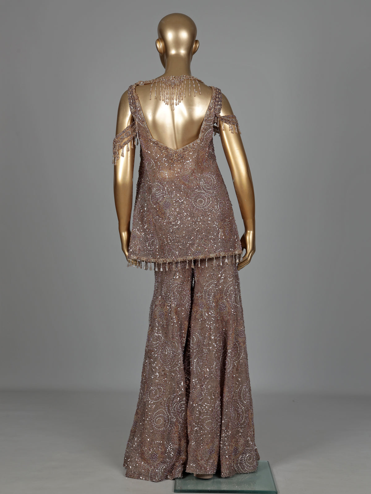 Beige crystal fringe designer women sharara suit