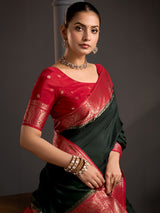Deep green ornamental paisley women saree