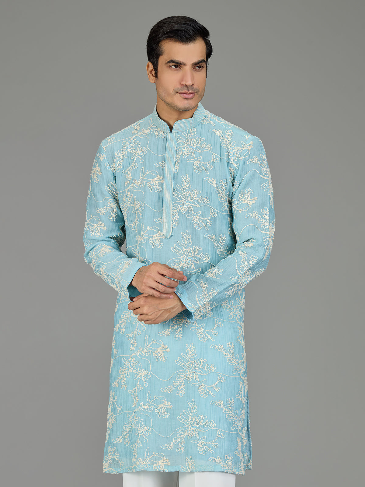 Sky blue floral zardosi men kurta suit