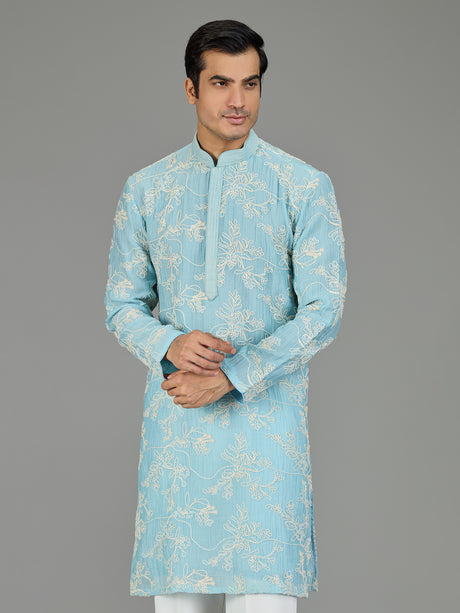 Sky blue floral zardosi men kurta suit