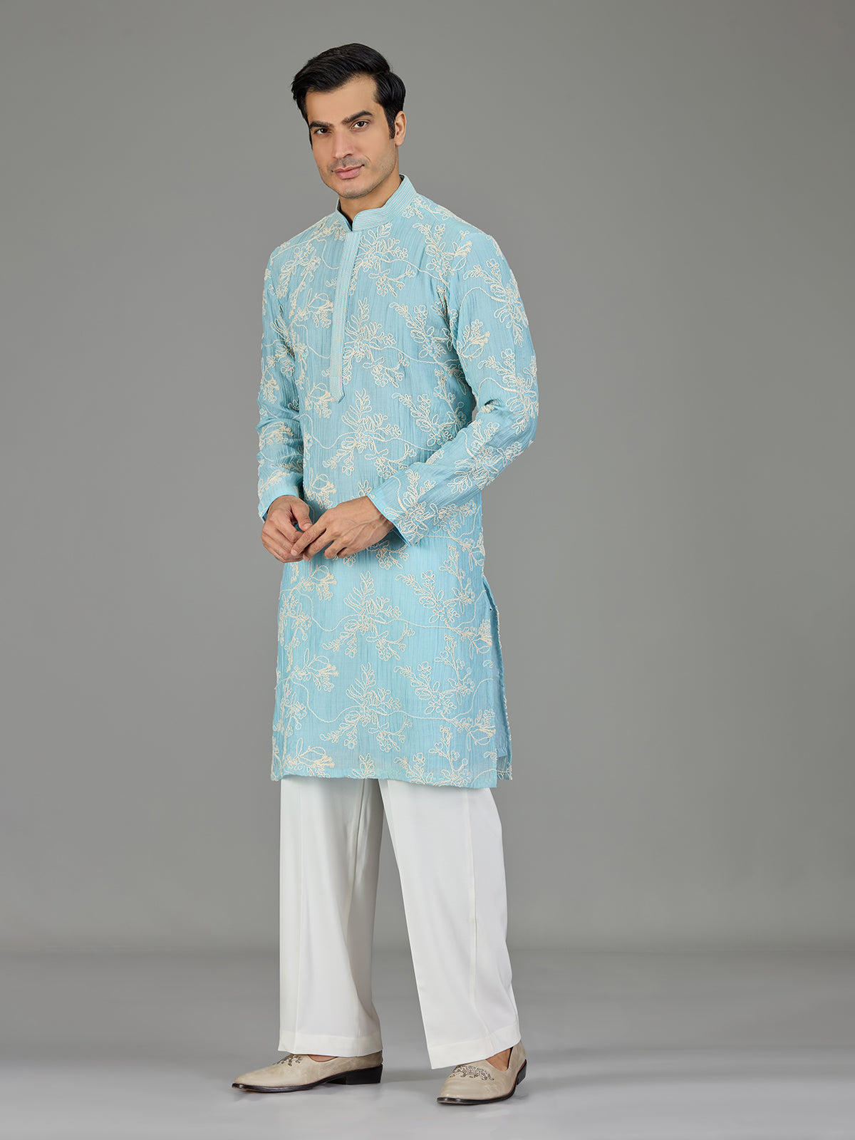 Sky blue floral zardosi men kurta suit