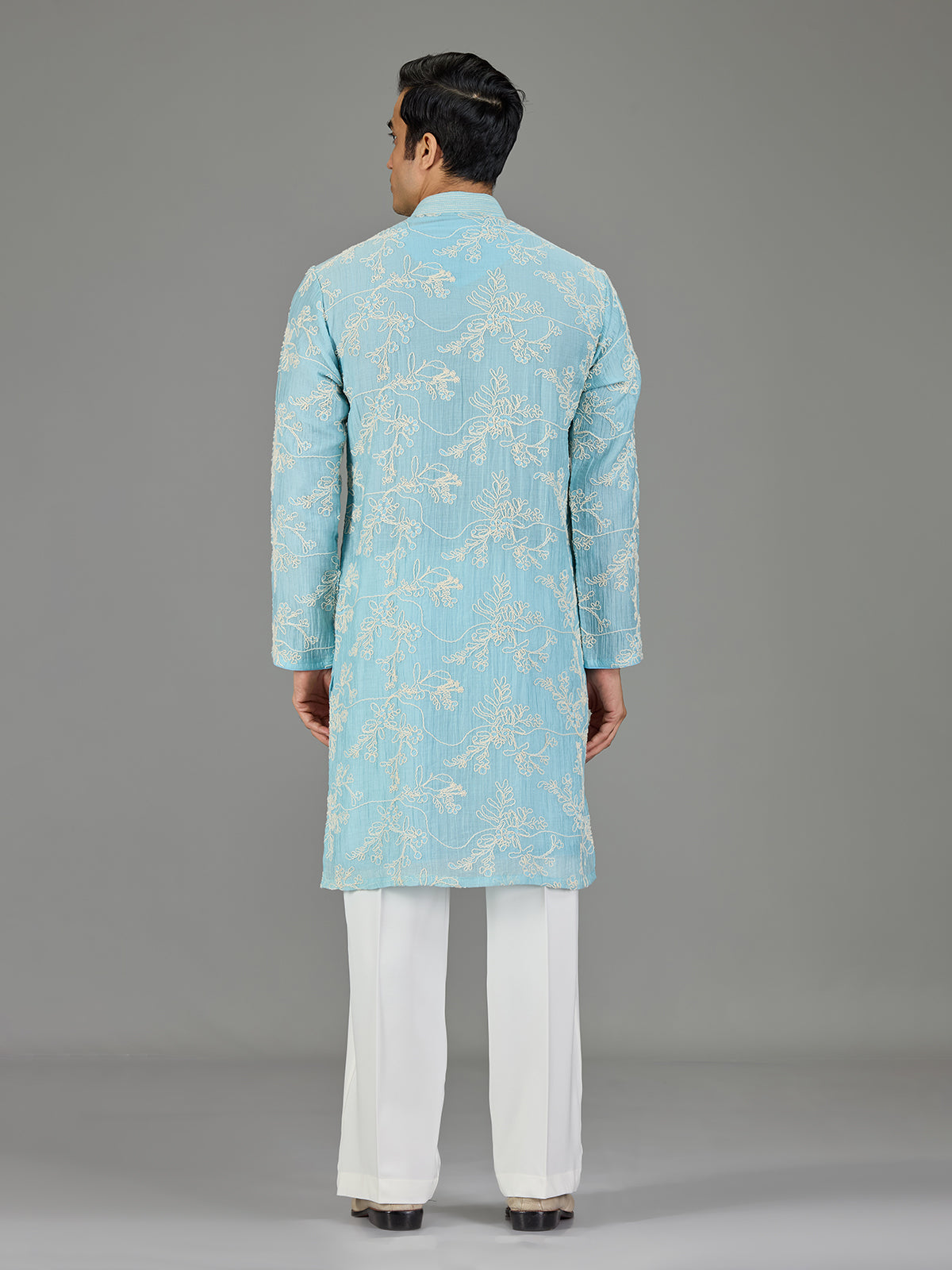 Sky blue floral zardosi men kurta suit
