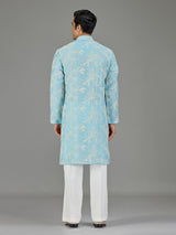 Sky blue floral zardosi men kurta suit