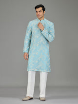 Sky blue floral zardosi men kurta suit