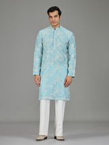 Sky blue floral zardosi men kurta suit