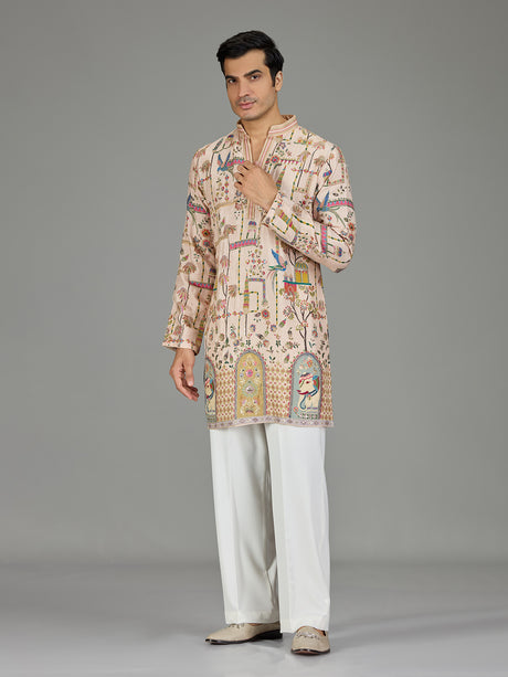 Beige royal scenery print men kurta suit