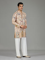 Beige royal scenery print men kurta suit