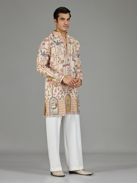 Beige royal scenery print men kurta suit