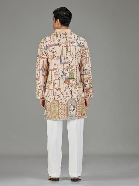 Beige royal scenery print men kurta suit