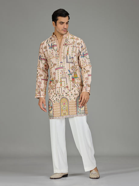 Beige royal scenery print men kurta suit
