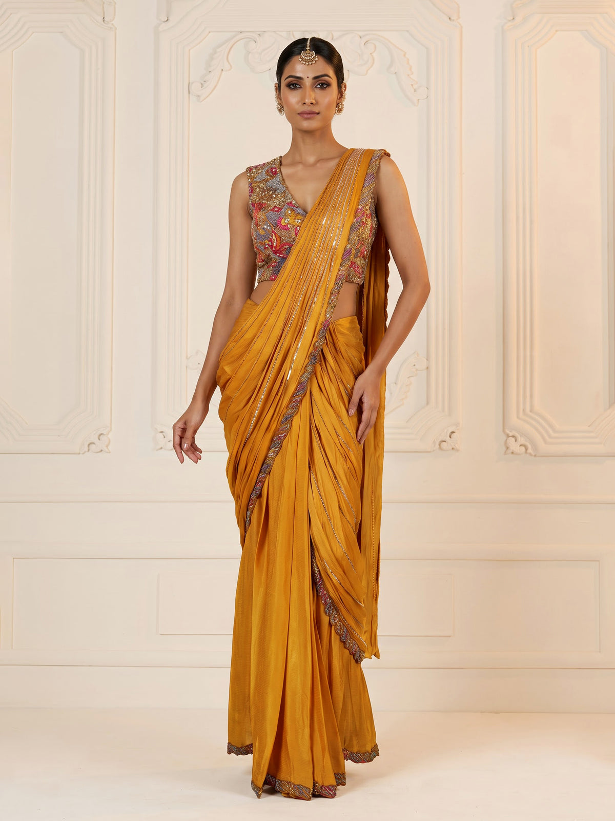 Mustard yellow sculpted drape designer women ready to wear saree