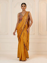 Mustard yellow sculpted drape designer women ready to wear saree