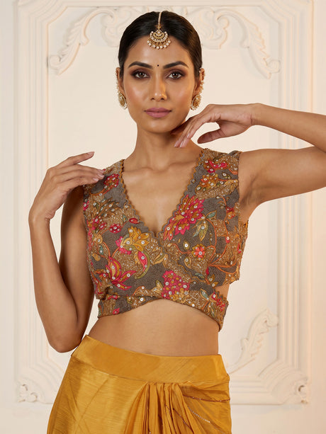 Mustard yellow sculpted drape designer women ready to wear saree