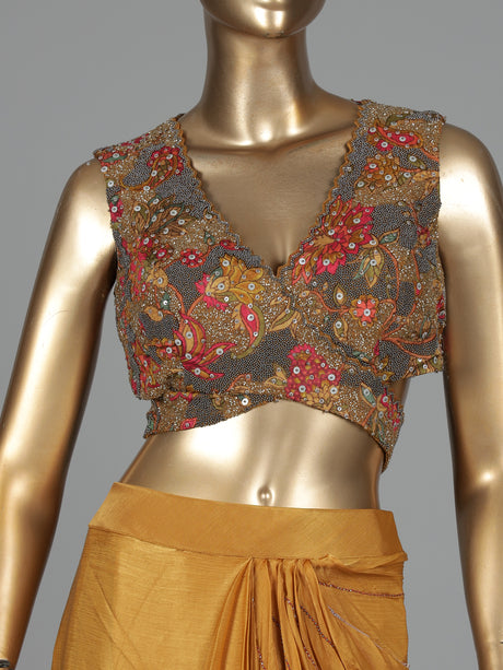 Mustard yellow sculpted drape designer women ready to wear saree