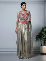 Pastel beige metallic designer women ready to wear saree