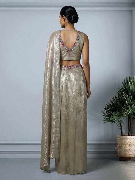 Pastel beige metallic designer women ready to wear saree