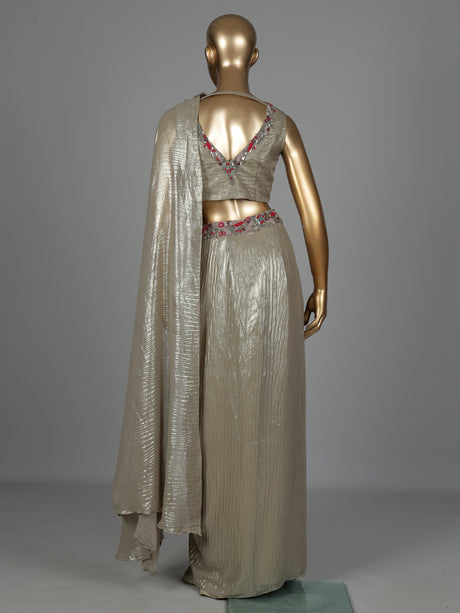 Pastel beige metallic designer women ready to wear saree