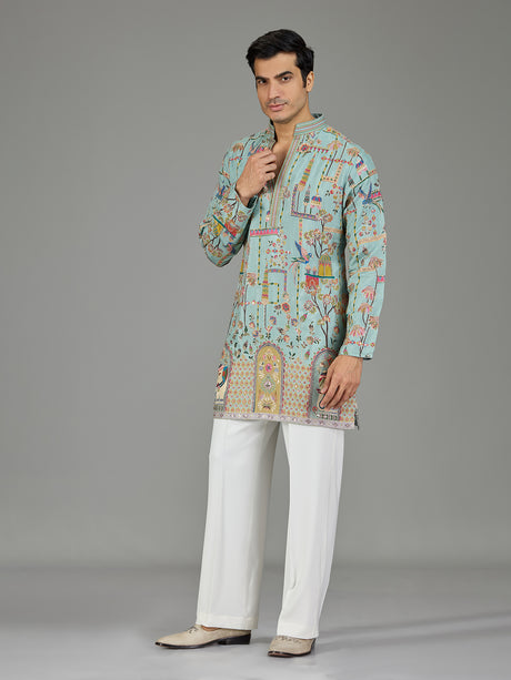 Blue heritage architecture print men kurta suit