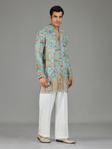 Blue heritage architecture print men kurta suit