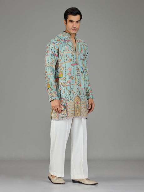 Blue heritage architecture print men kurta suit