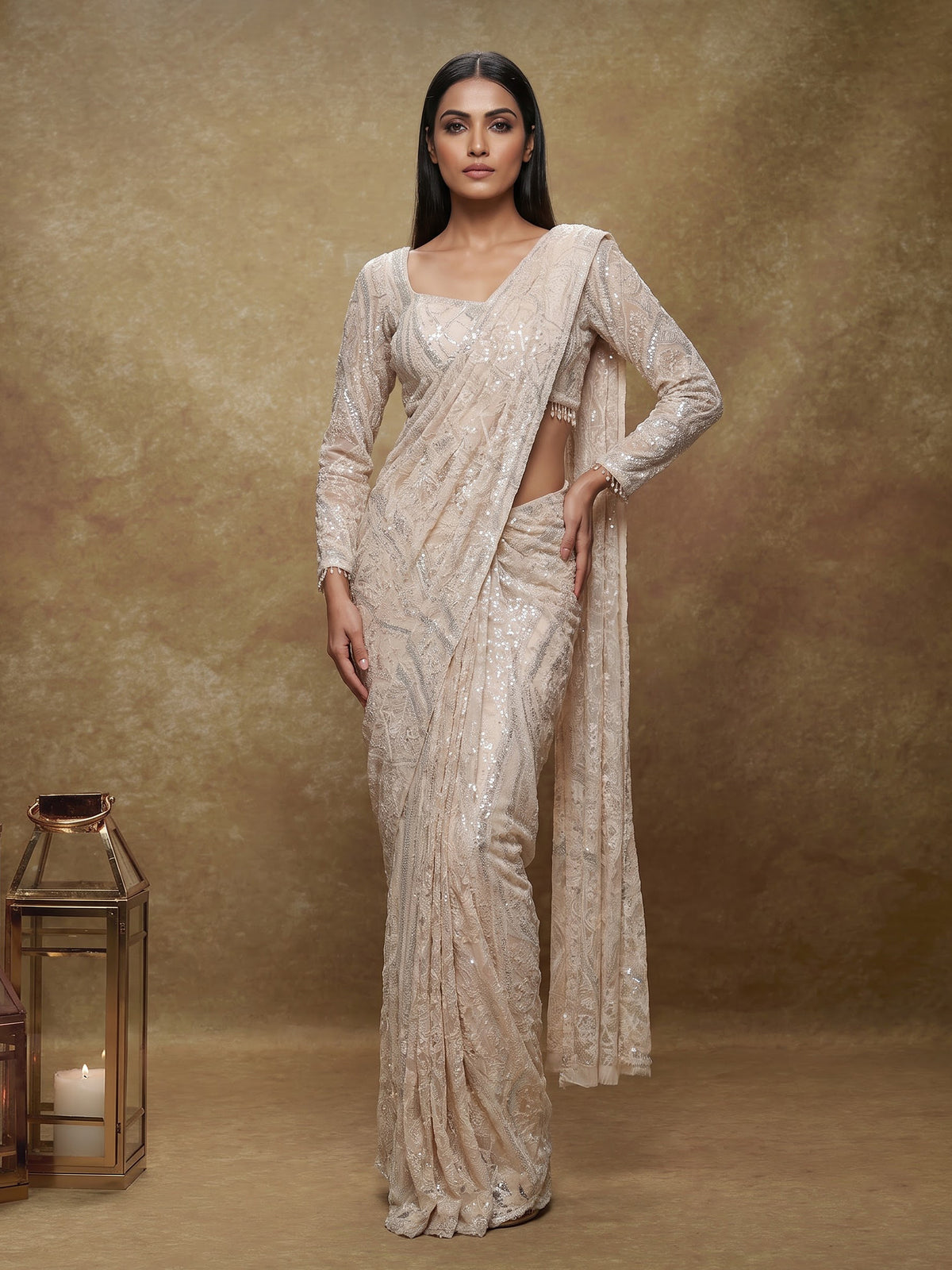 Cream couture lattice designer women ready to wear saree
