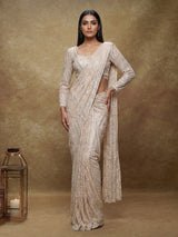 Cream couture lattice designer women ready to wear saree