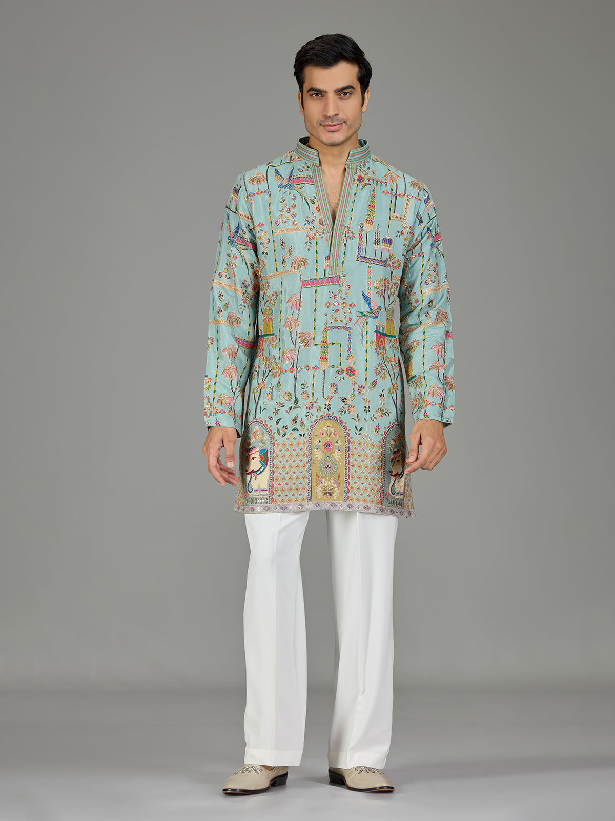 Blue heritage architecture print men kurta suit