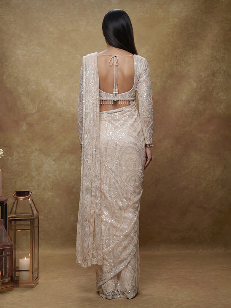 Cream couture lattice designer women ready to wear saree
