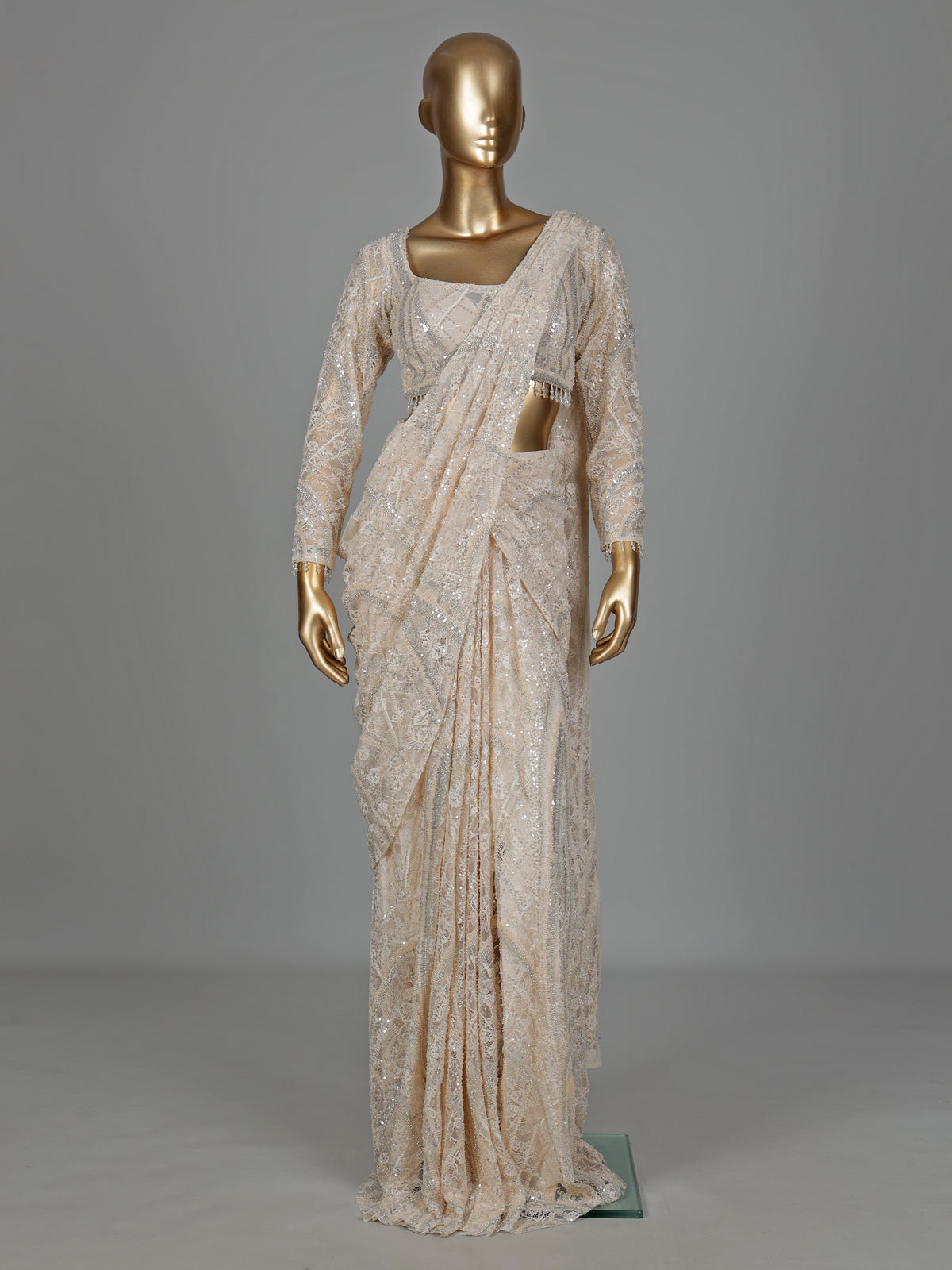 Cream couture lattice designer women ready to wear saree