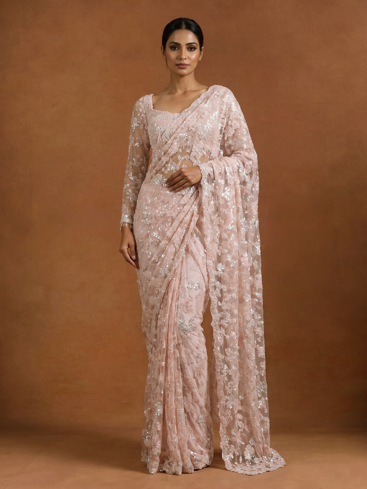 Peach crystal embellished designer women ready to wear saree