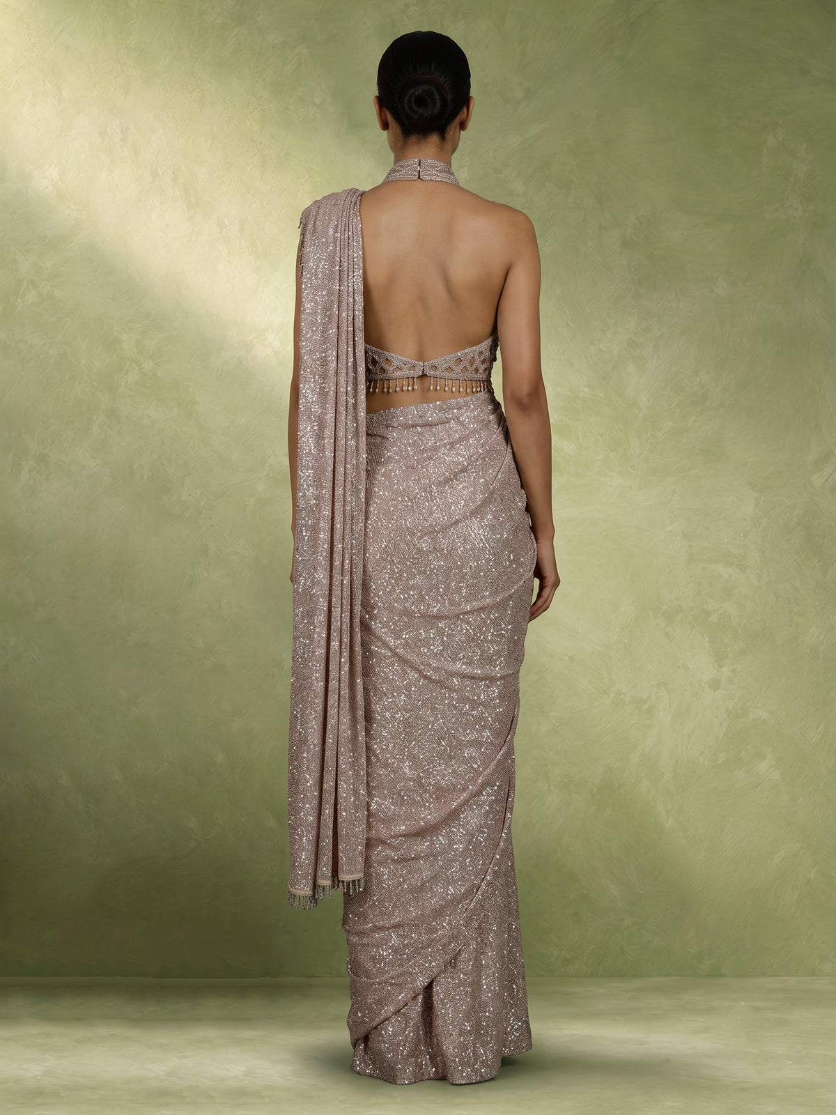 Beige luxury crystal fringe designer women ready to wear saree