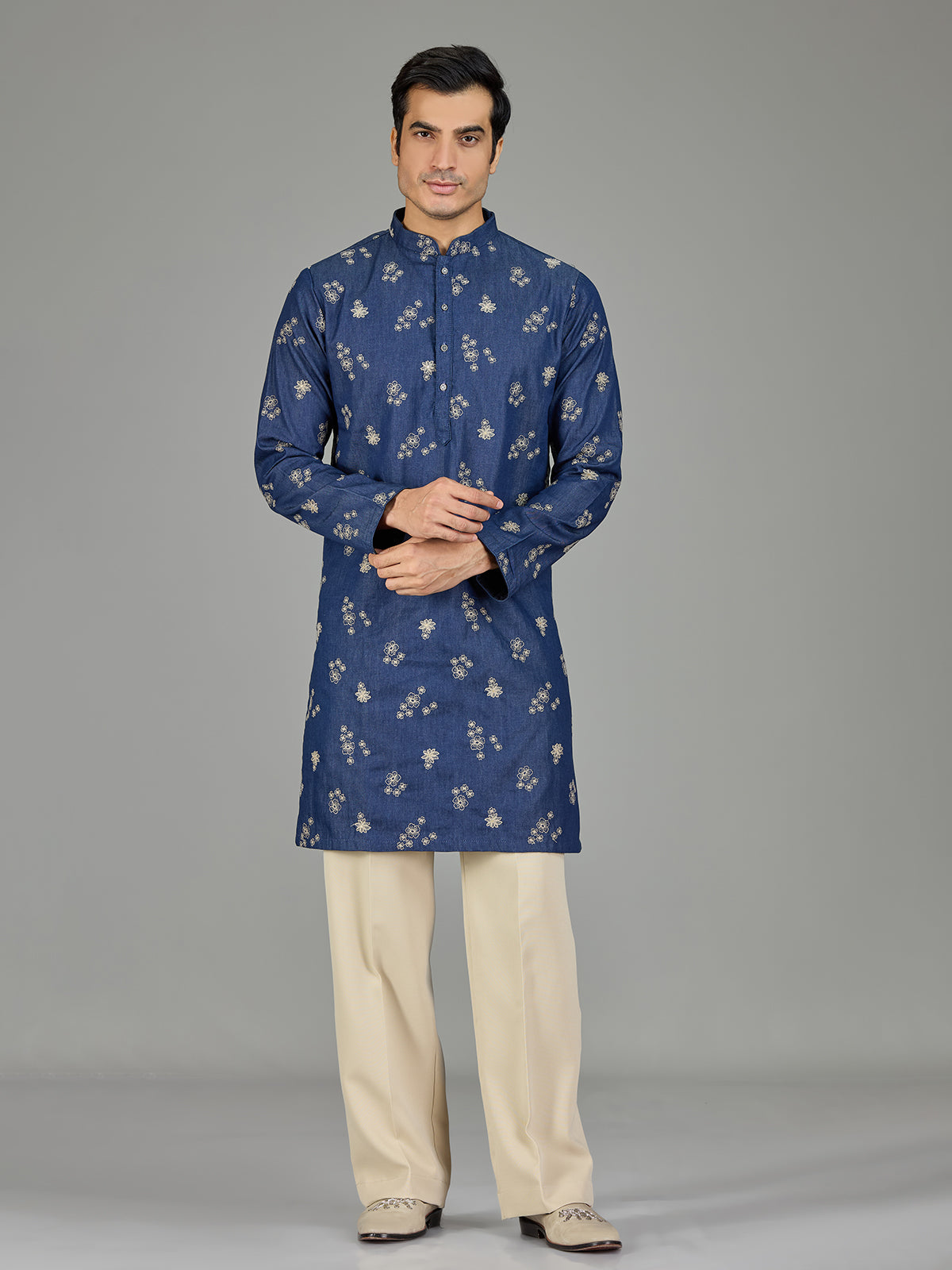 Deep indigo floral threadwork men kurta suit