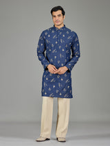Deep indigo floral threadwork men kurta suit