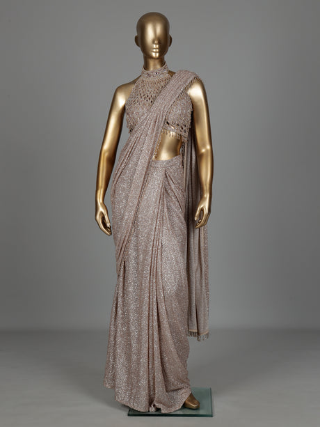 Beige luxury crystal fringe designer women ready to wear saree