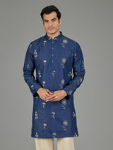 Blue botanical rosette threadwork men kurta suit