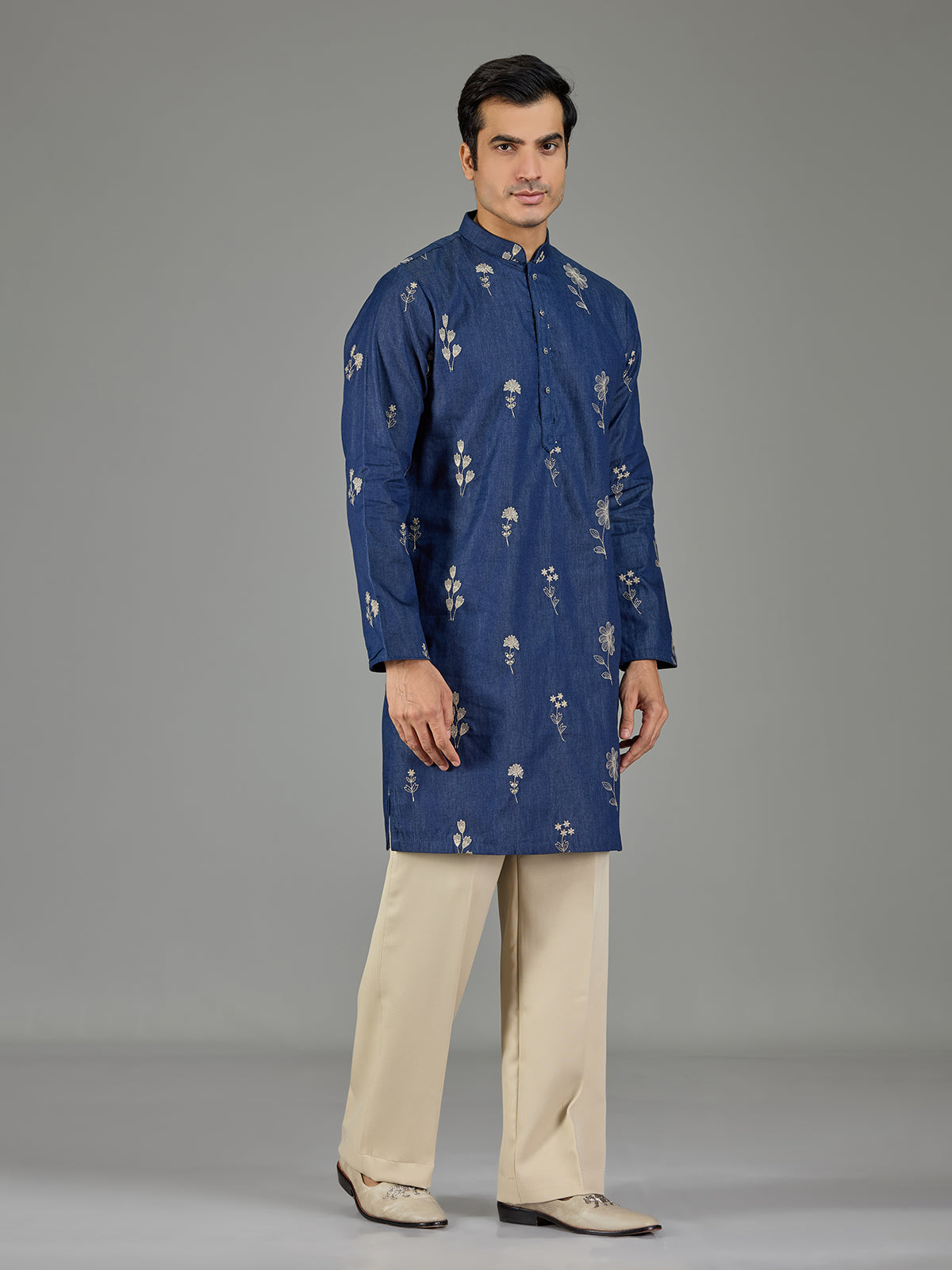 Blue botanical rosette threadwork men kurta suit