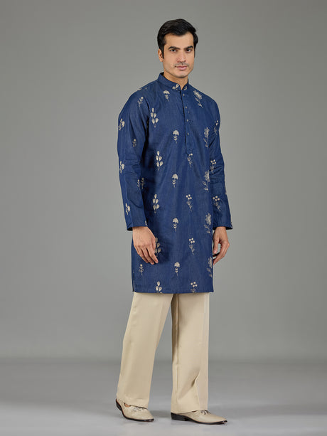 Blue botanical rosette threadwork men kurta suit