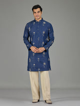 Blue botanical rosette threadwork men kurta suit