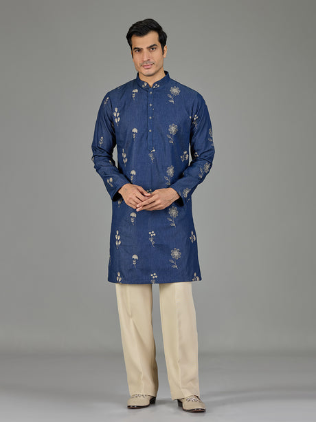 Blue botanical rosette threadwork men kurta suit