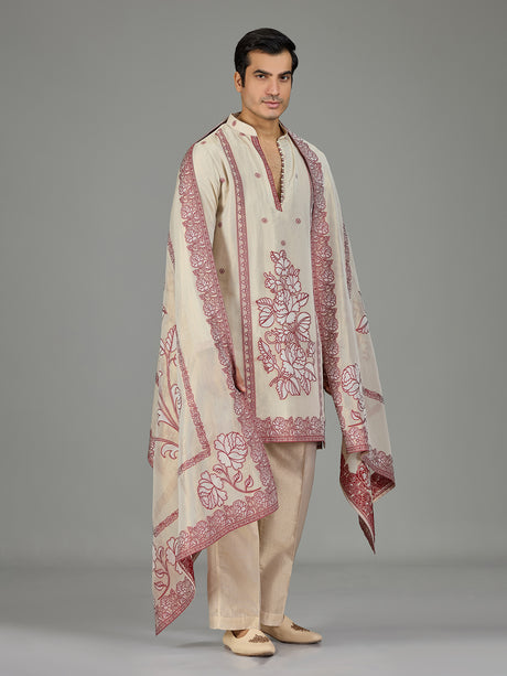 Pastel cream maroon floral traditional men kurta suit